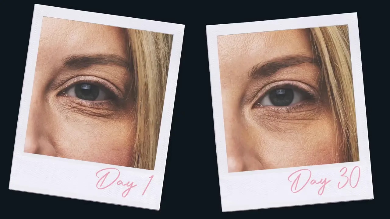 Active el Colágeno de la Piel con el Colágeno Líquido Truescience 3 Primeros planos en formato polaroid del mismo ojo, etiquetados como 'Día 1' y 'Día 30', que muestran una reducción de las líneas de expresión.