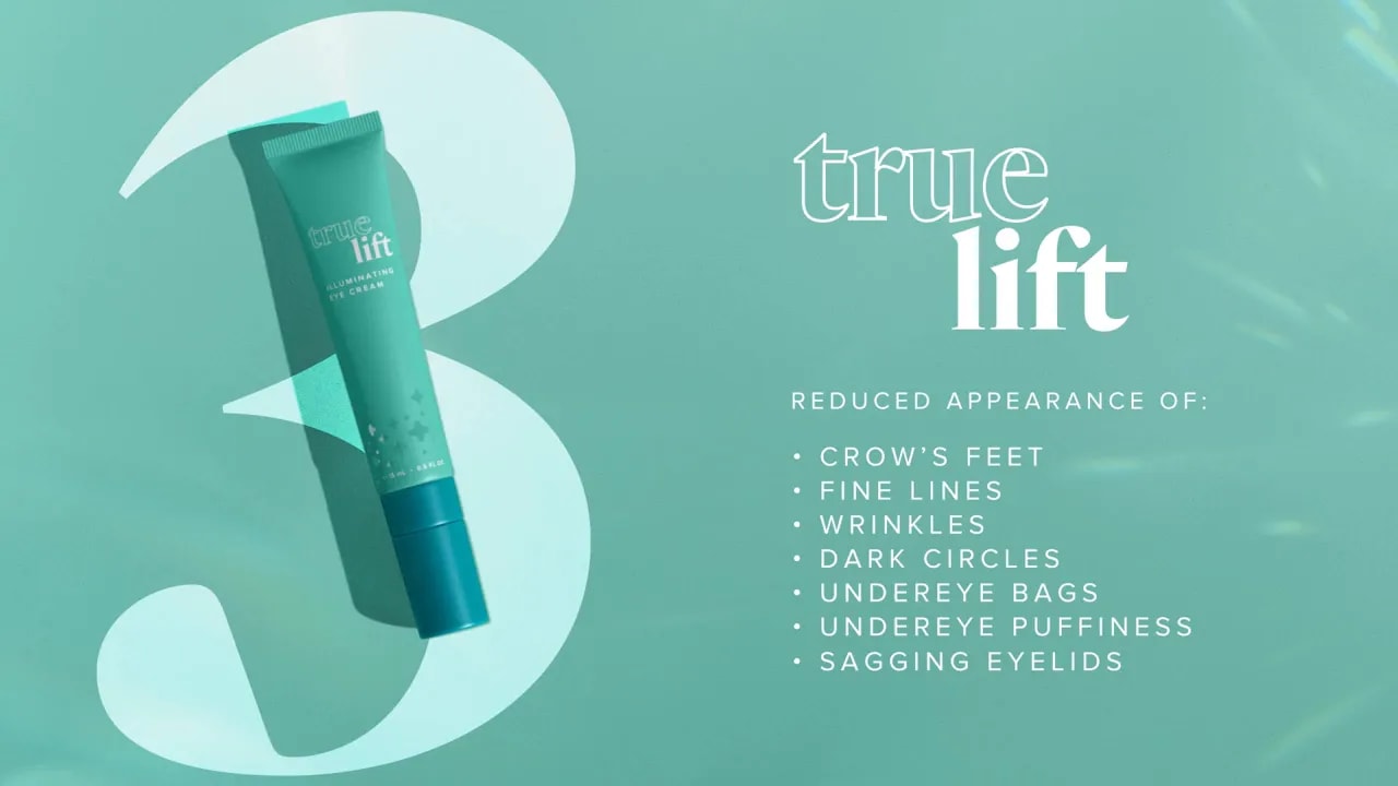 Tube de crème illuminante pour les yeux True Lift sur fond sarcelle avec liste des préoccupations ciblées